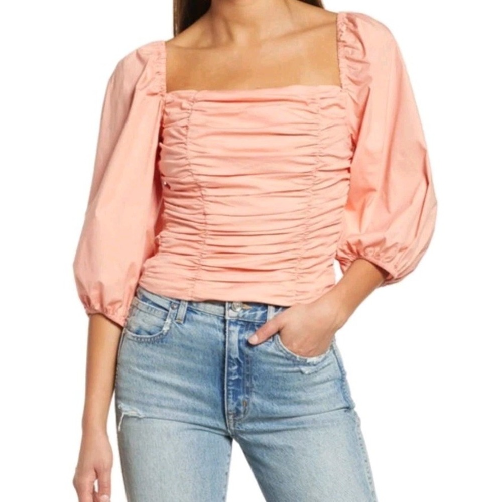 Wayf Isla Ruched Crop Top In Peach Back Tie Streachy Smocked Size Small *READ Sz